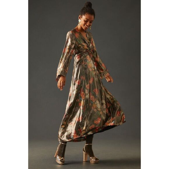 Anthropologie x Caballero Deep V-Neck Metallic Floral Maxi Dress Brown Motif - Picture 1 of 8